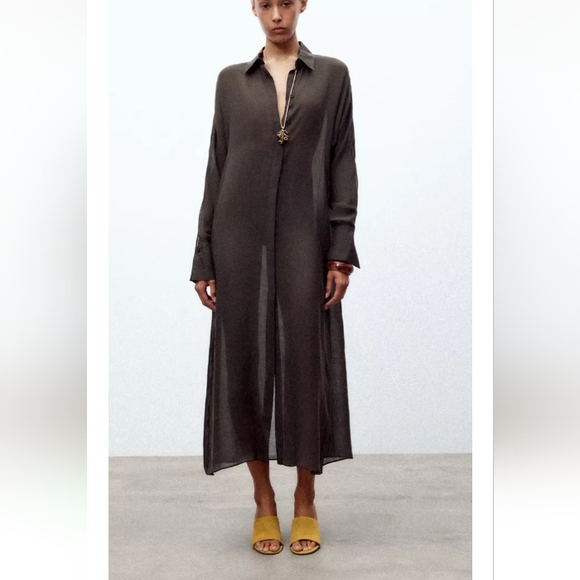 Zara Zw Collection Semi-Sheer Ramie Tunic Shirt Dress - Picture 1 of 13